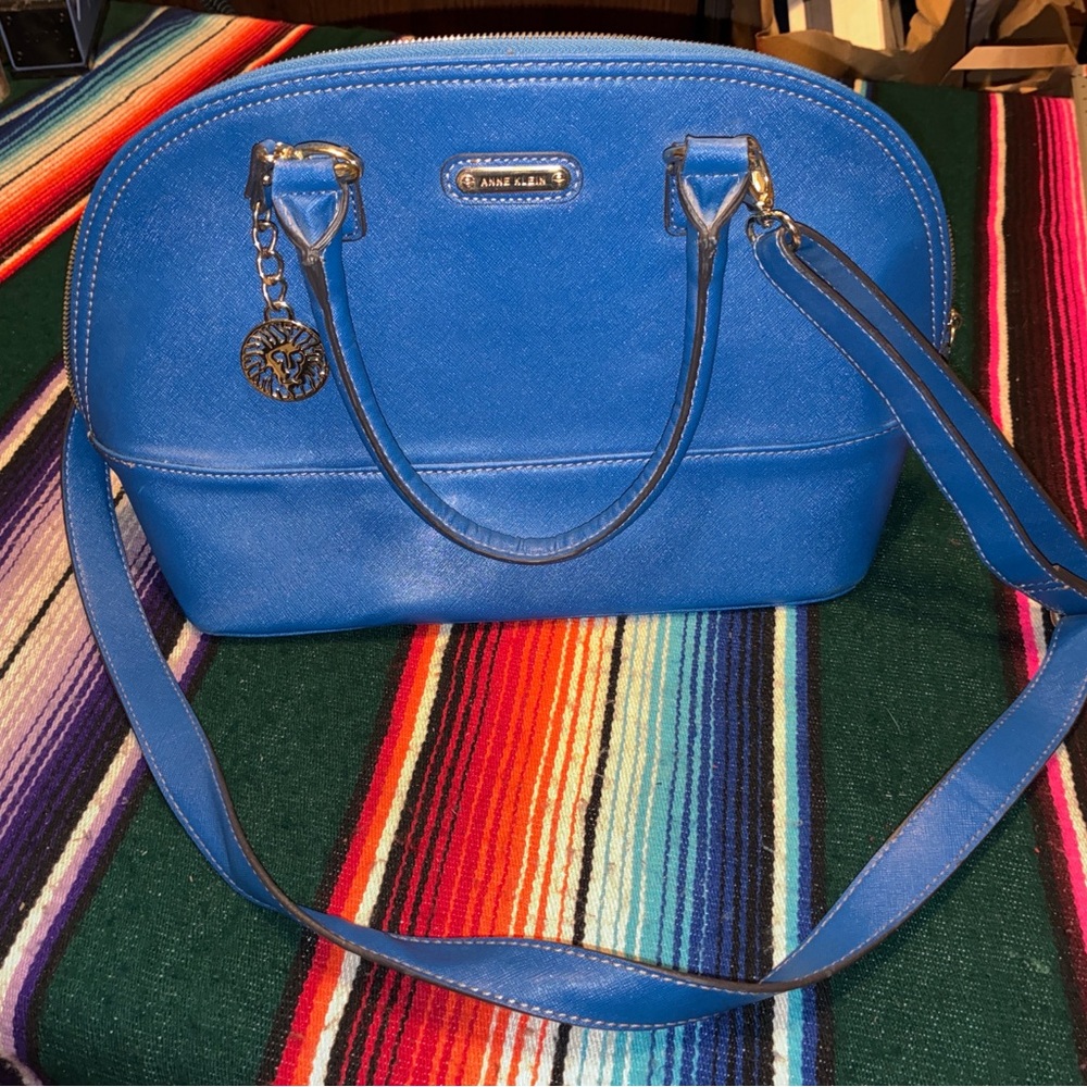 Anne Klein Blue Dome Satchel Crossbody Purse Gold Hardware